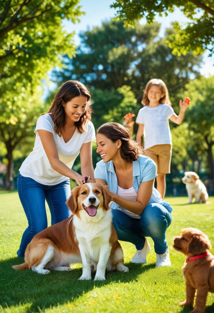 A joyful family interacting with their playful puppy in a sunny park, showcasing various canine care techniques. The background features lush greenery, a bright blue sky, and colorful toys scattered around. Emphasize the bond between the family and their dog, capturing moments of training and fun. super-realistic. vibrant colors. warm and inviting atmosphere.