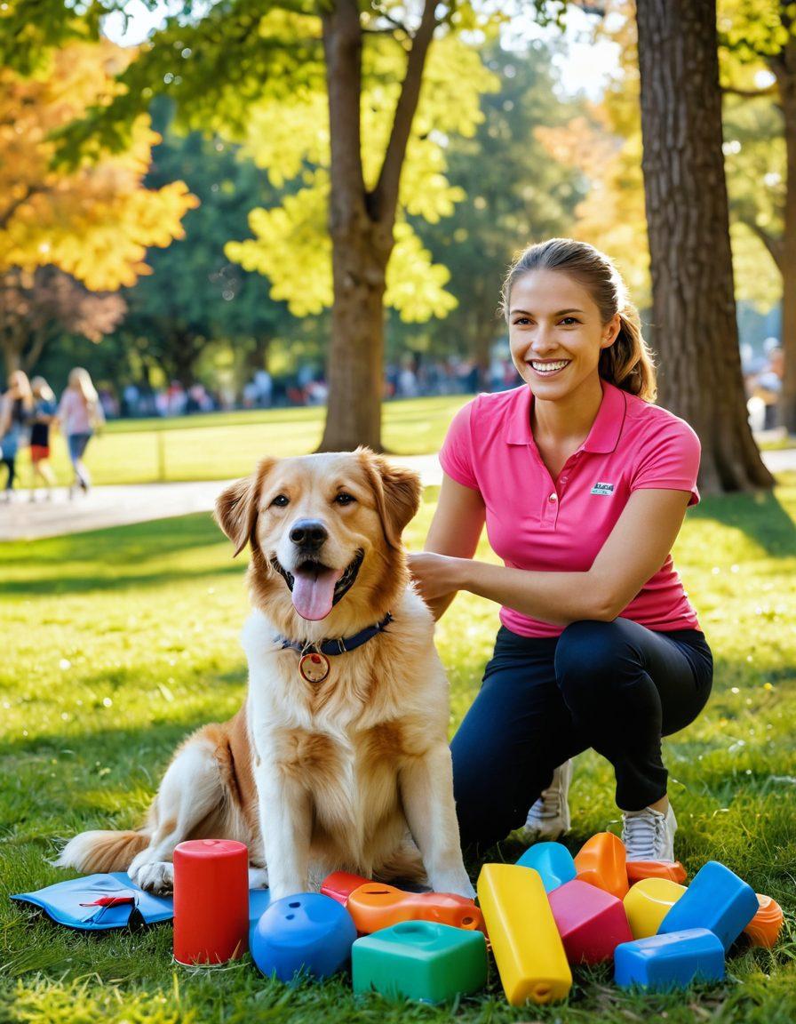 A joyful dog sitting attentively beside a smiling trainer, surrounded by colorful training tools like clickers and treats. The background showcases a vibrant park with people enjoying their day, ensuring a lively atmosphere. Sunlight filters through the trees, casting a warm glow over the scene. Some playful puppies are seen in the distance, enhancing the theme of companionship and learning. super-realistic. vibrant colors. natural setting.
