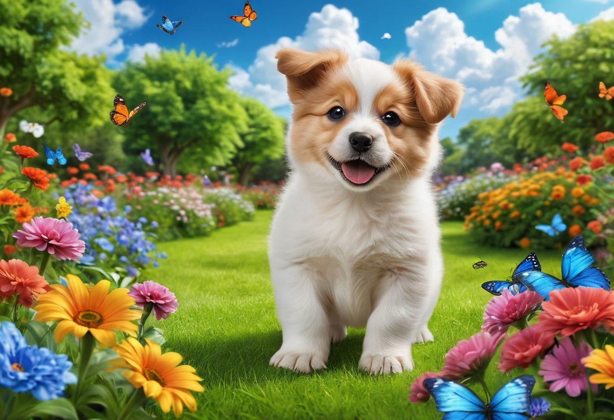 A joyful puppy with a wagging tail, playing in a lush green park filled with colorful flowers and butterflies. Surrounding the puppy are happy families engaging in activities like playing fetch and cuddling their dogs, highlighting the bond between pets and their owners. The sky is bright blue with fluffy white clouds, creating a cheerful and inviting atmosphere. Super-realistic. Vibrant colors. Nature background.